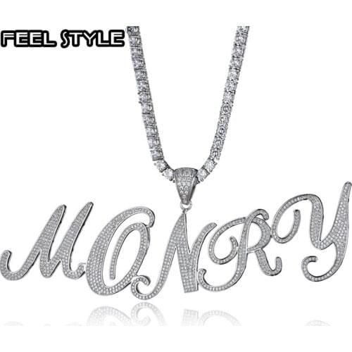 Hip Hop Custom Name NEW CURSIVE Cubic Zirconia Bling Combination Words Iced Out Chain Pendants & Necklaces For Men Jewelry
