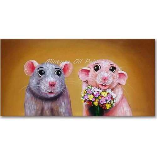 Mintura Wall Picture for Living Room Oil Paintings on Canva Hand Painted Two Little Mice Home Decoration Animal Poster No Framed