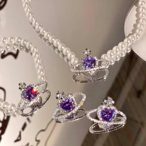 Korean Fashion Purple Heart Crystal Stud Earrings for Women Elegant Planet Rhinestone Pearl Necklace Boucle D'oreille Jewelry