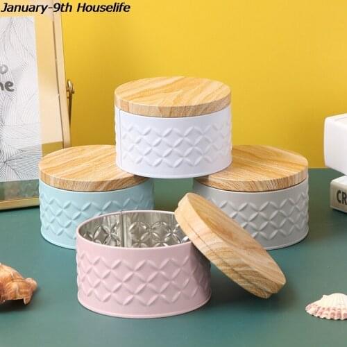 1PC ound Empty Iron Box With Wood Grain Lid Candy Storage Box Diy Candle Making Jar
