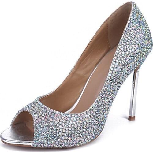 Summer High Heels AB Color Crystal Prom Shoes Popular Rhinestone Wedding Shoes Peep Toe Genuine Leather Stiletto Heel Sandals