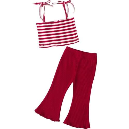 Newborn Baby Girls Summer Clothing Kids Lace-up Knitted Tanks Cotton Tops+Stripe Flare Pants ToddlerCasual Tracksuits Outfits