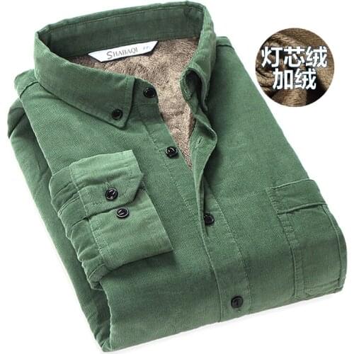 Winter Fall Casual Men Fleece Warm Thick Green Khaki Corduroy Blouse Shirt , Man Male Long Sleeve Slim Fit 4xl Blouses Shirts