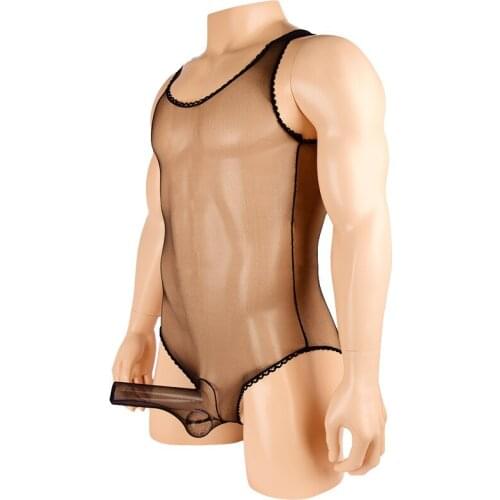 Men Sexy Lingerie Sheer Glossy Sissy Penis Sheath Gay Bodystocking Bodysuit Male Wear Erotic Underwear