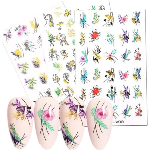 1 Sheet Spring Water Nail Decals Gold Bronzing Flower Leaves Abstract Human Face Slider Nail Foil Wraps Manicuring Tips