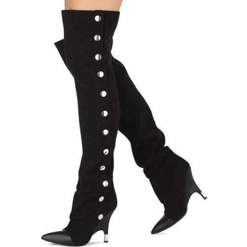 Winter New Women Black Blue Genuine Leather 100 mm Strange Heels Pointed Toe Rivets Over The Knee Thigh High Knight Boots Lady