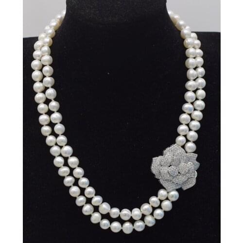 2rows freshwater pearl white near round 8-9mm 18-19inch necklace wholesale white zircon flower pendant