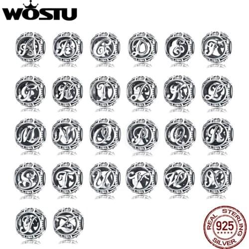 WOSTU Genuine 925 Sterling Silver Fashion Letter A-Z Beads Charm fit Original Bracelet Necklace Woman DIY Jewelry Making BKC738