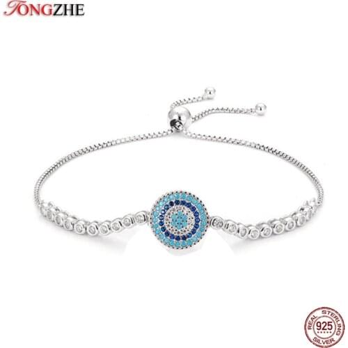 TONGZHE 100% 925 Sterling Silver Lucky Round Blue Evil Eyes Power Tennis Bracelet Pave CZ Adjustable Box Chain Fine Jewelry