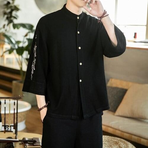 Vintage Men Shirt Cotton Embroider Solid Mandarin Collar 2021 Streetwear Blouse Traditional Chinese Clothing for Men Shirt