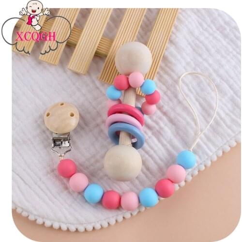 XCQGH 2Pcs/set Baby Rattle Teether Wooden Toys and Pacifier Clips Food Grade Bracelet Rattle Teether Music DIY Baby Product