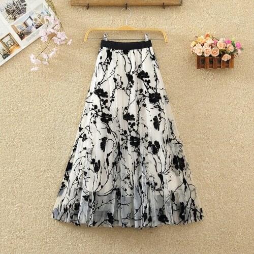 Korean Gauze Skirt Female Spring Summer High Waist Floral Fairy Fluffy A-Line Mid-Length Fashion Women Mesh Skirt Saias zh256