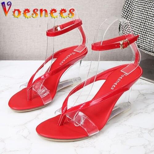 Voesnees Sexy PVC Transparent 8CM Wedges Women Sandals New Flip- Flops Buckle Strap High-Heeled Shoes Summer Shopping Office