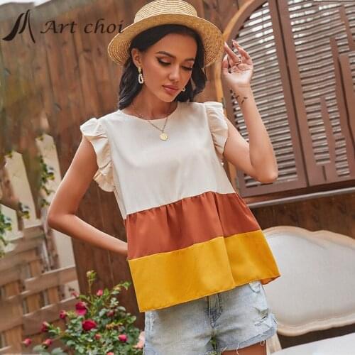 Summer Elegant Casual Ruffle Sleeveless T-Shirts Women Ladies Patchwork Tops Three Colors O-Neck Female Pullover Chic All-Match
