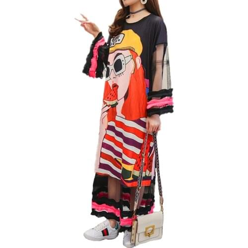 Summer Hip Hop Fake Two Pieces Oversized Maxi Long Dress Women Layered Flare Sleeves Cartoon Print Patchwork Sheer Mesh Dresses