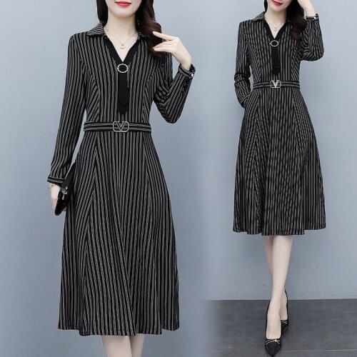 Women Stripe Elegant Autumn Dress Long Sleeve Party Cocktail Slim Casual Business Birthday Outfits Office Ladies Work Wear Dress