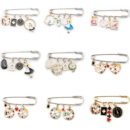 Alice in Wonderland Cartoon Brooch Buckle Safety Pins Cute Metal Enamel Rabbit Clock Poker Shape Women Children Bags Hat Badge