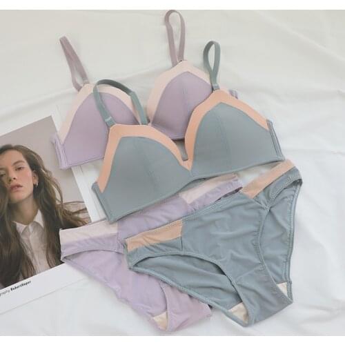 Wriufred Sweet girl no steel ring bra set glossy seamless thin section gathered small chest underwear not empty cup lingerie