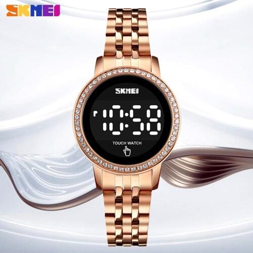 SKMEI Digital Womens Watch Touch Screen Rhinestone Ladies Electronic Clock Steel Strap Waterproof Wristwatch Relogio Feminino