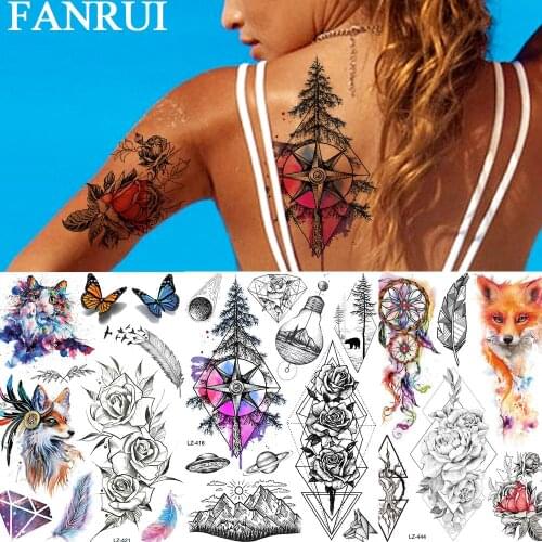 FANRUI 3D Rhombus Pine Tree Compass Tattoos Temporary Men Women Tattoo Sticker Waterproof Body Arm Art Rose Fox Fake Tatoo Paper