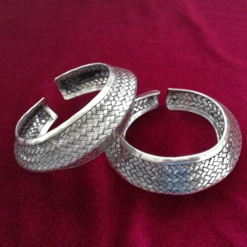 Guizhou ethnic style Miao personality jewelry handmade Miao silver wide bracelet Exaggerated faceted woven bracelet