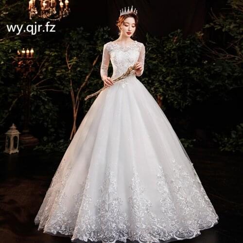 HMHS-124#Wedding Dress Embroidered Lace on Net Long sleeves O-Neck Lace up marry Dresses white Long cheap Wholesale ball gown
