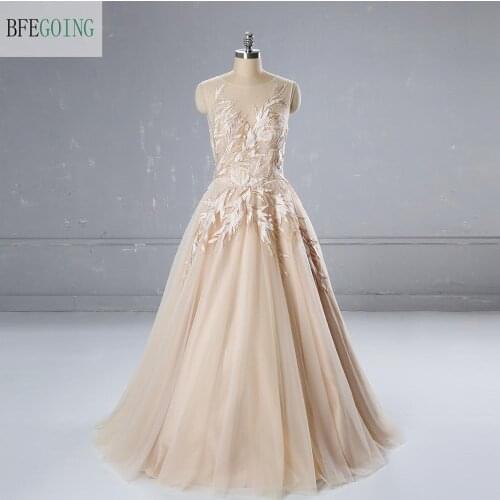 Champagne Tulle Lace Appliques Beading Scoop Neck Floor-Length A-line Wedding Dress Sleeveless Custom made
