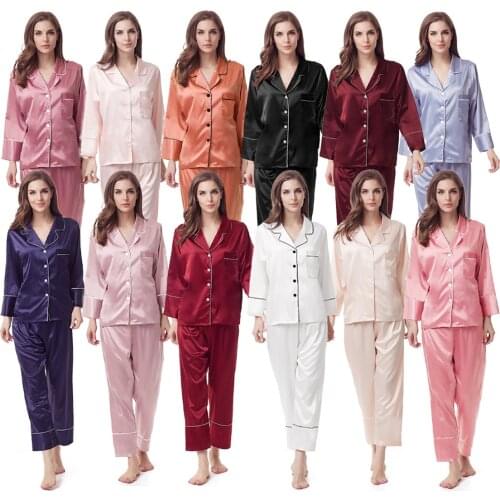 Matte long satin pajamas Set Simple Pure Color Leisure Nightwear Sleeves women pajamas set silk pajama F9000A
