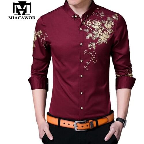 MIACAWOR Long Sleeve Social Shirts Mens Rose Flower Print Casual Shirt Men Button Lapel Shirt Slim Fit Camisa Masculina C640
