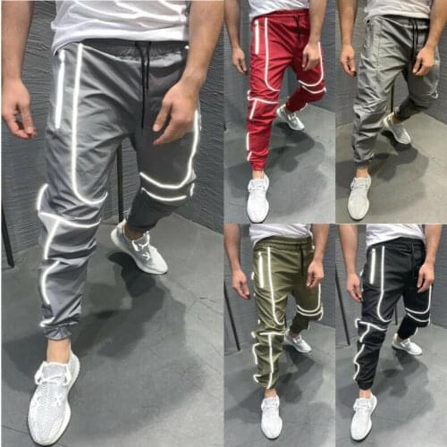 Men Sport Run Sweat Pants Tracksuit Jogging Joggers Trousers Male Reflective Strip Elastic Loose Running Pants