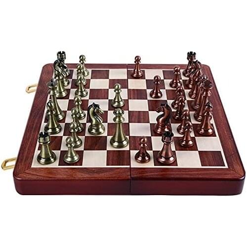 30CM Metal Chess Pieces Set with Folding Wooden Chess Board and Classic Handmade Standard Pieces Metal Chess Set for Kids Adult