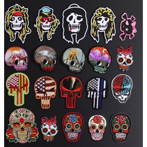Human skeleton Embroidered Patches Iron On Punk Skull Clothes Badges Flower Bow Skull Biker Appliques 3D Diy Punk Bikers Badge