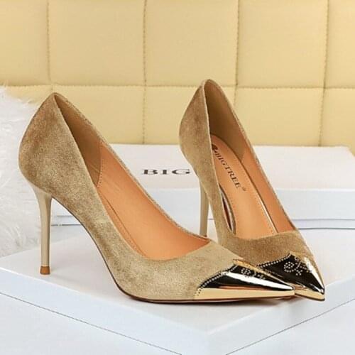 New Metal-Pointed-Toe Sexy Wedding Female Pumps Spring/Autumn Shallow Ladies 9.5cm High Heels Office & Career Women Dress Shoes