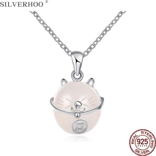 SILVERHOO 925 Sterling Silver Lucky Cat Necklace Pendant Trendy Opal Choker Necklaces For Women Fine Jewelry Anniversary Gift