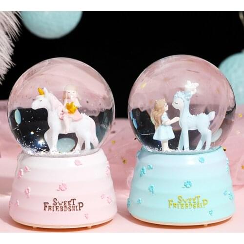 Resin And Glass Material Unicorn Snow Globe Crystal Ball Gift Cartoon Creative Music Box Crystal Ball With Snow Music Decoration