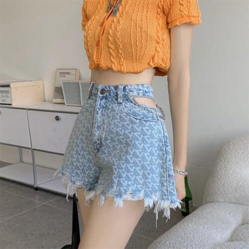 Korean Sexy Denim Straight Shorts Women Streetwear Hollow Out High Waist Wide Leg Short Summer Jeans Casual Harajuku Bottoms
