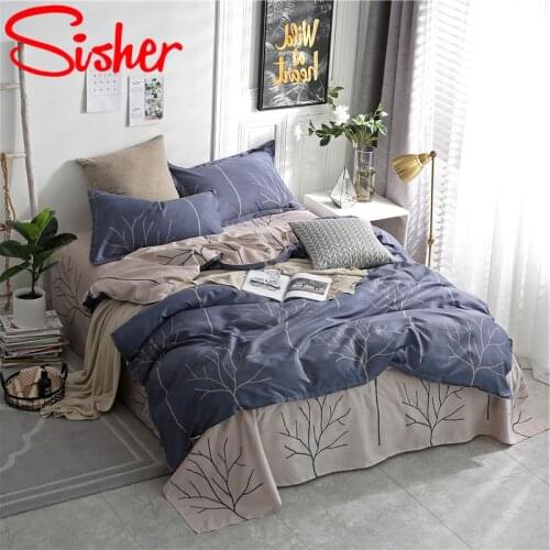 Sisher Nordic Duvet Cover Blue Plant Leaf Printed Bedding Set Geometric Plaid Bed Sheet Double Size Single Queen King Bedclothes