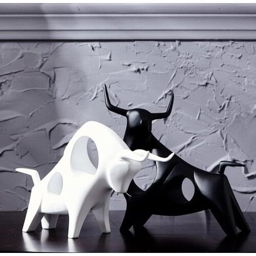 Modern creative Animal Ceramic Bull home office decor crafts handicraft Cattle porcelain figurines & Miniatures black white