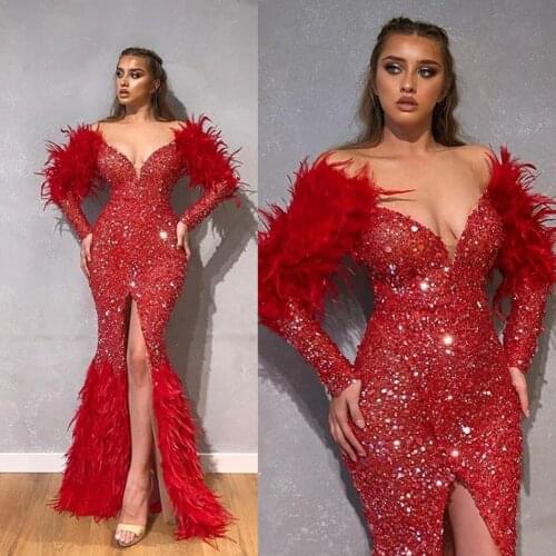 2020 Side Split Prom Gowns Luxury Feather Bling Bling Beaded Sequins Cloth Long Sleeve Party Dresses Mermaid Evening Dresses