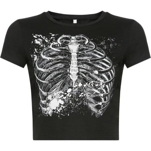 Women Gothic Punk Short Sleeve T-Shirt Harajuku Breastbone Skeleton Printed Crop Top Summer Slim O-Neck Graphic Tee