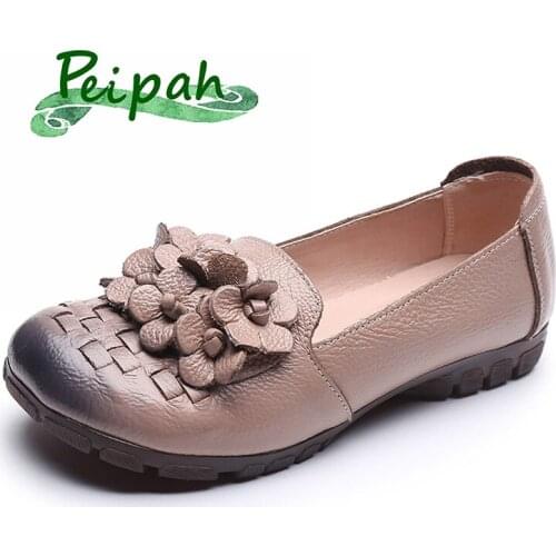 PEIPAH 2020 Handmade Womens Retro Shoes Woman Flats Genuine Leather Soft Bottom Flats Casual Slip-On Female Shoes