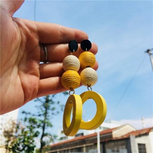 Korean Flax Hemp Rope Round Ball Wood Womens Earrings 2020 New Style Long Yellow Blue White Candy Color Fashion Jewelry