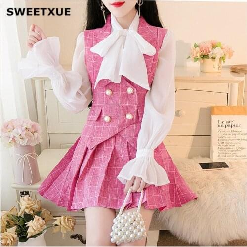 SWEETXUE Lady Autumn Fashion Temperament Double Breasted Vest + Lovely Bow Shirt + Pleated Skirt Three-Piece Set Female Suit