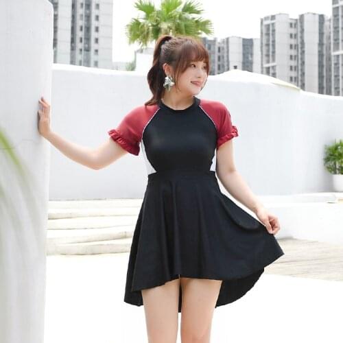 2021 Conservative Swimdress for Women Plus Size One Piece Swimsuit with Sleeves Tummy Control Female Swimwear Large Size 2XL-6XL