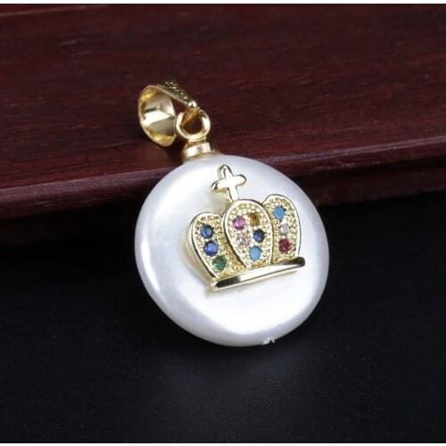 Rainbow multi color cz micro paved tiny gold crown charm white round coin pearl bead dainty pendant choker necklace for women