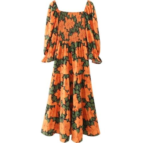 New Women Vintage Floral Printed Dress Long Sleeves Square collar Smocked Elastic Bust Elegant Midi Long Dresses Woman Robe