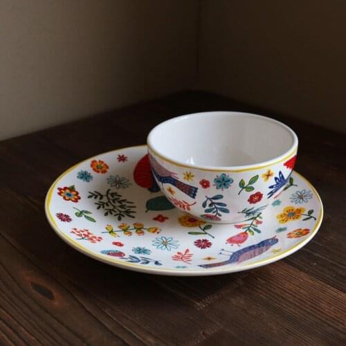 Underglaze Color Ceramic Happy birds Decorated Dhildrens Fun Western Food Dish Deep Bowl Dinnerware Set