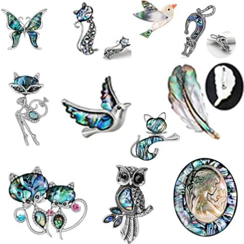 Bird Owl Natural Abalone Shell Animal Patterns Brooches Rhinestone Enamel Fox Brooches For Women Party Causal Brooch Pins Gifts