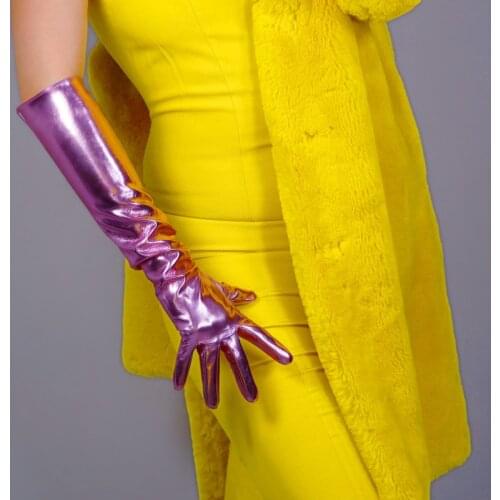 LATEX LONG GLOVES Faux Shine Patent Leather 20" 50cm Shine Silvery Pink Slim Fit Women Leather Gloves WPU273