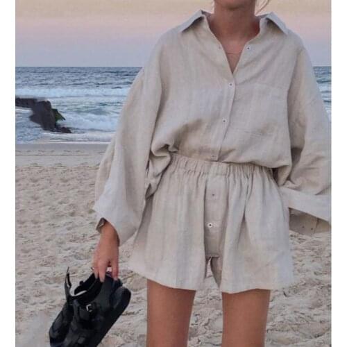 Summer Casual Two-piece Suit 2021 Womens Retro Fashion Shorts Suites Shirt High Waist Loose Bohemian Shorts Womens Suit Top